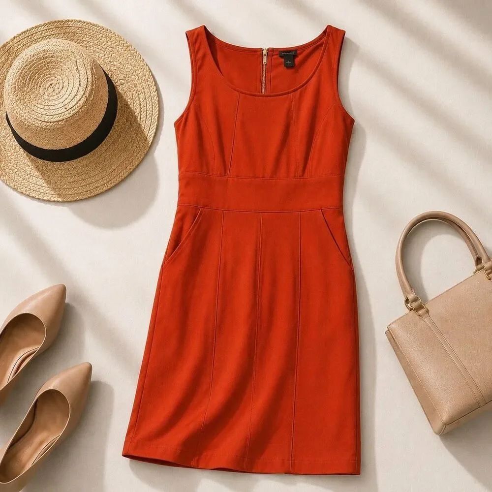 Ann Taylor Sheath Dress Orange Exposed Zipper Sleeveless Empire Waist - Size: 6